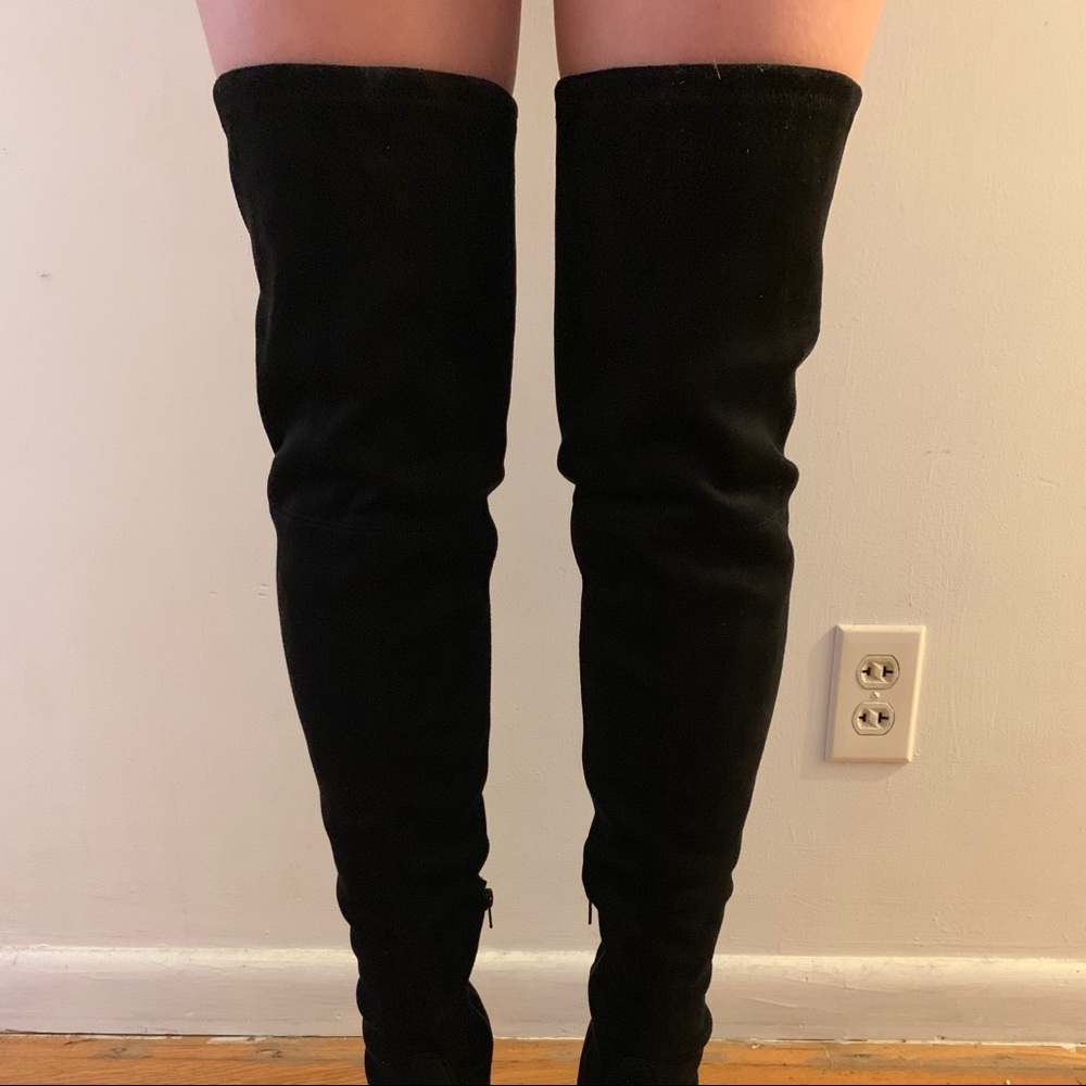 Over the knee, chunky heel suede boots